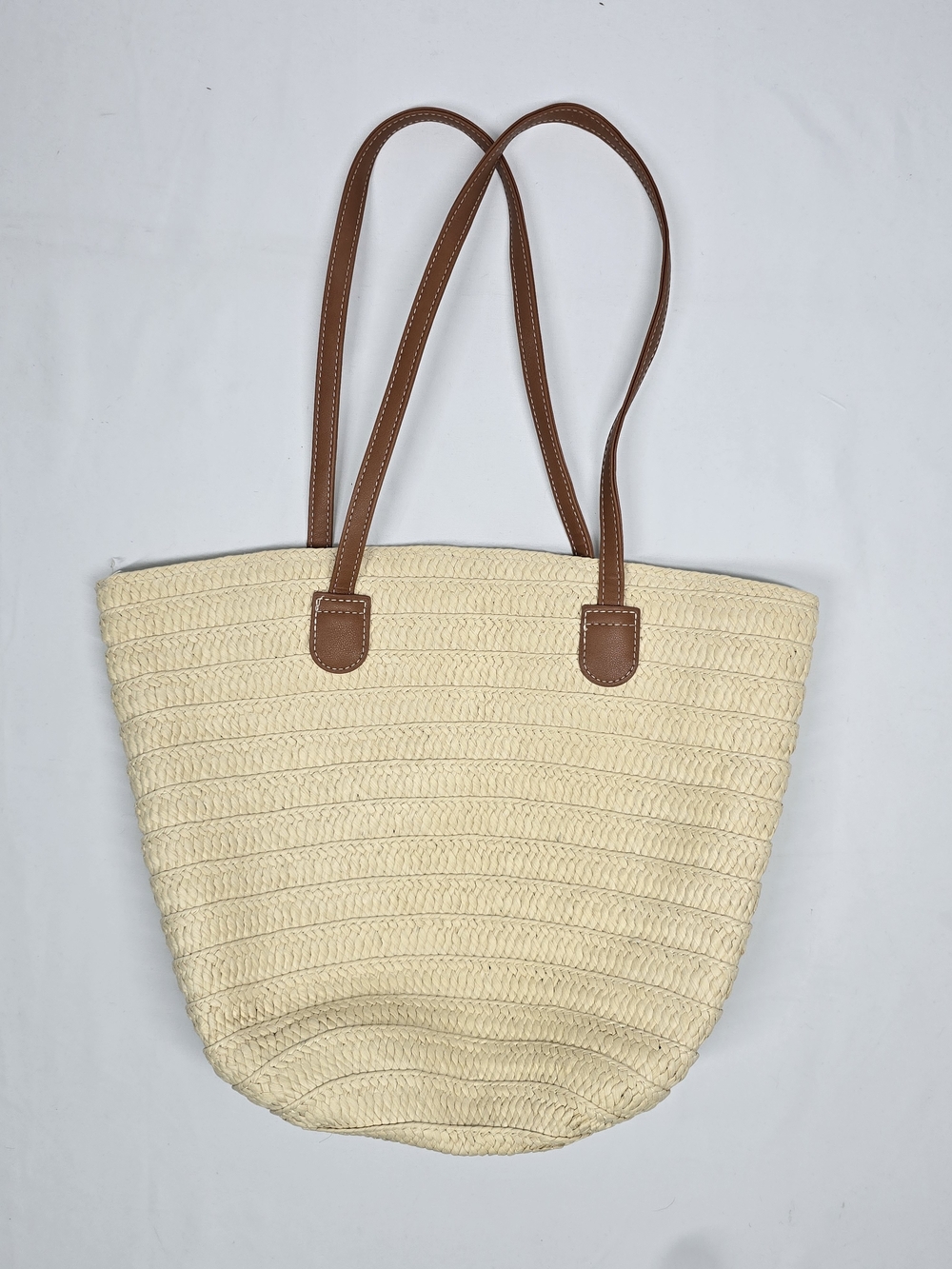 Natural Woven Straw Beach Tote Bag with Brown Leather Straps